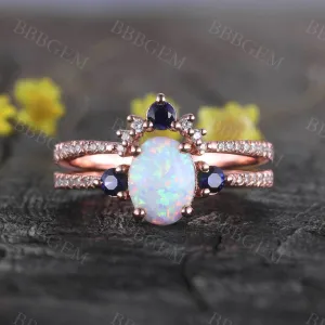 Sapphire Opal Bridal Set Antique Diamond Wedding Matching Band Women Engagement Ring Set