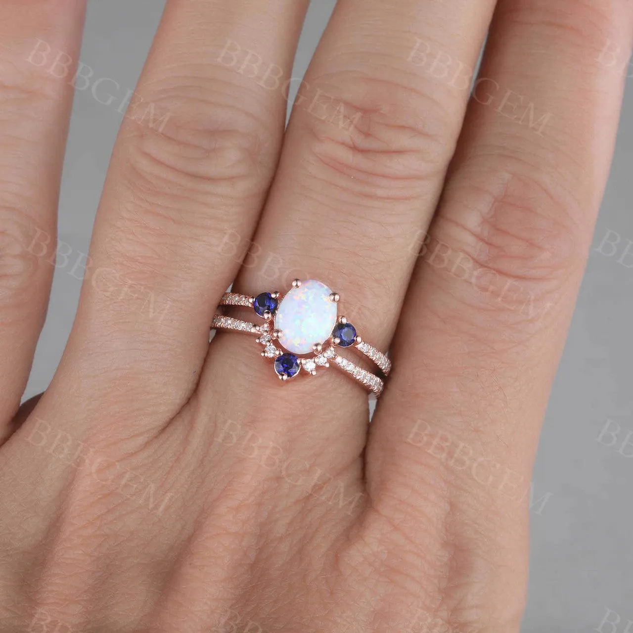 Sapphire Opal Bridal Set Antique Diamond Wedding Matching Band Women Engagement Ring Set