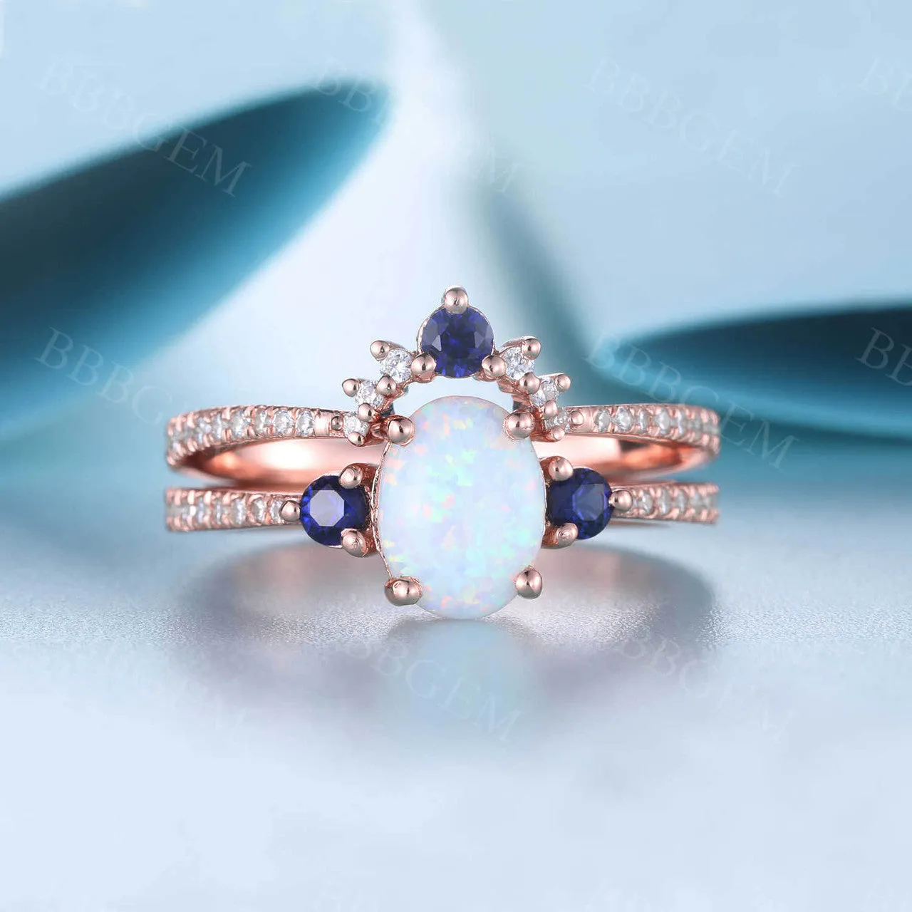 Sapphire Opal Bridal Set Antique Diamond Wedding Matching Band Women Engagement Ring Set