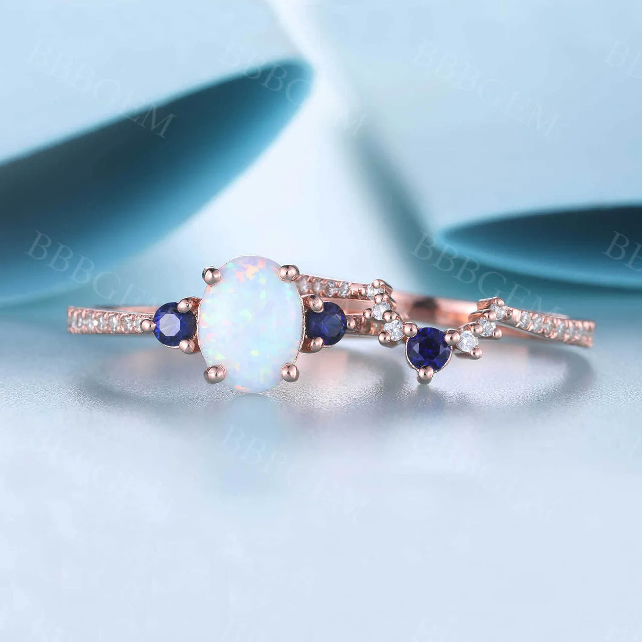 Sapphire Opal Bridal Set Antique Diamond Wedding Matching Band Women Engagement Ring Set