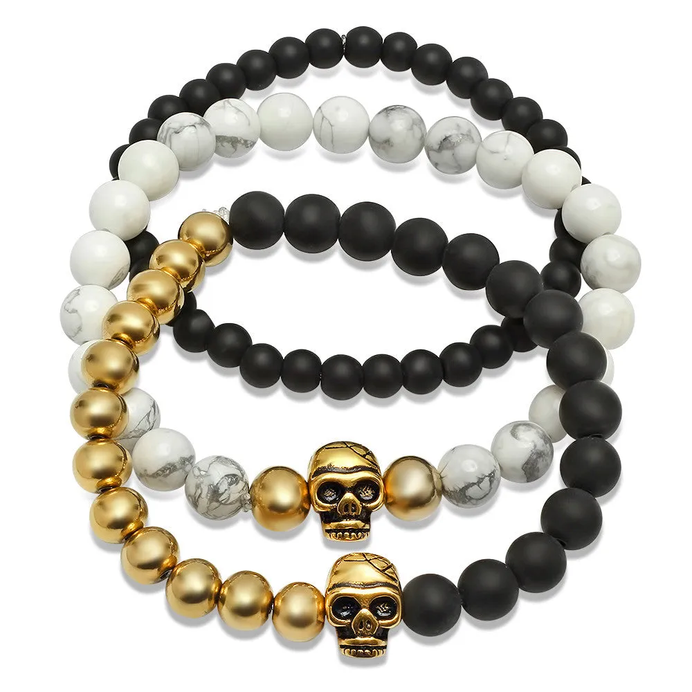 Set of 3 Beaded 18k Gold Plated Skull Bracelets