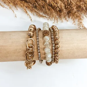 Set of Five | Crystal and Chain Beaded Bracelets in Gold and Ivory