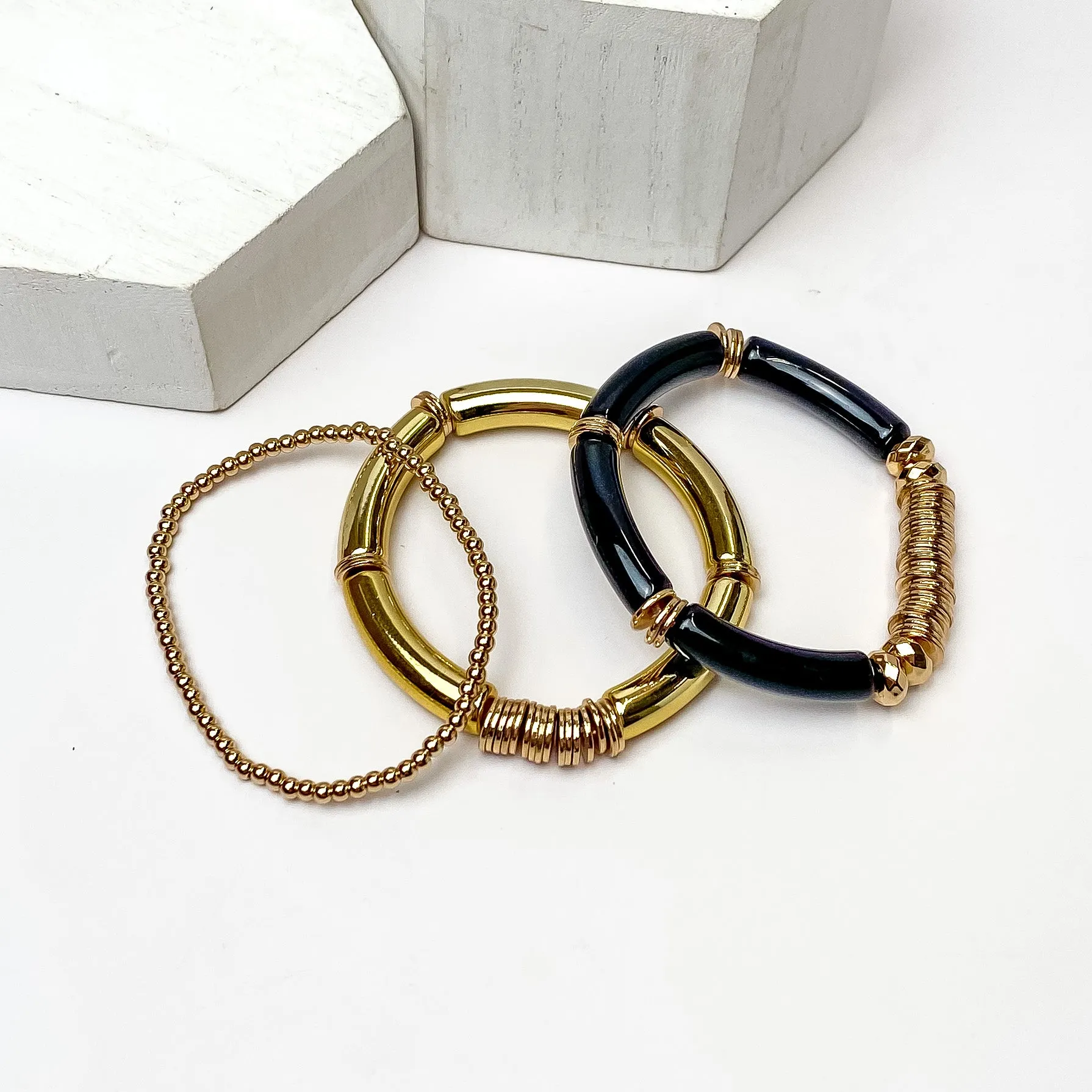 Set of Three | Bahama Nights Gold Tone Tube Bracelet Set in Black