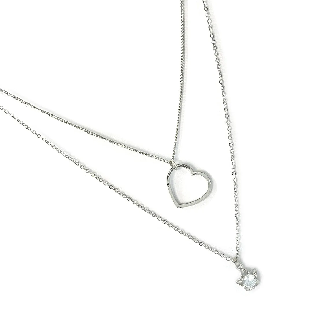 Set Of Two Heart & Star Mini Pendant Silver-Toned Dainty Necklace