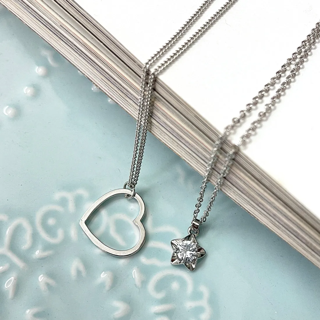 Set Of Two Heart & Star Mini Pendant Silver-Toned Dainty Necklace