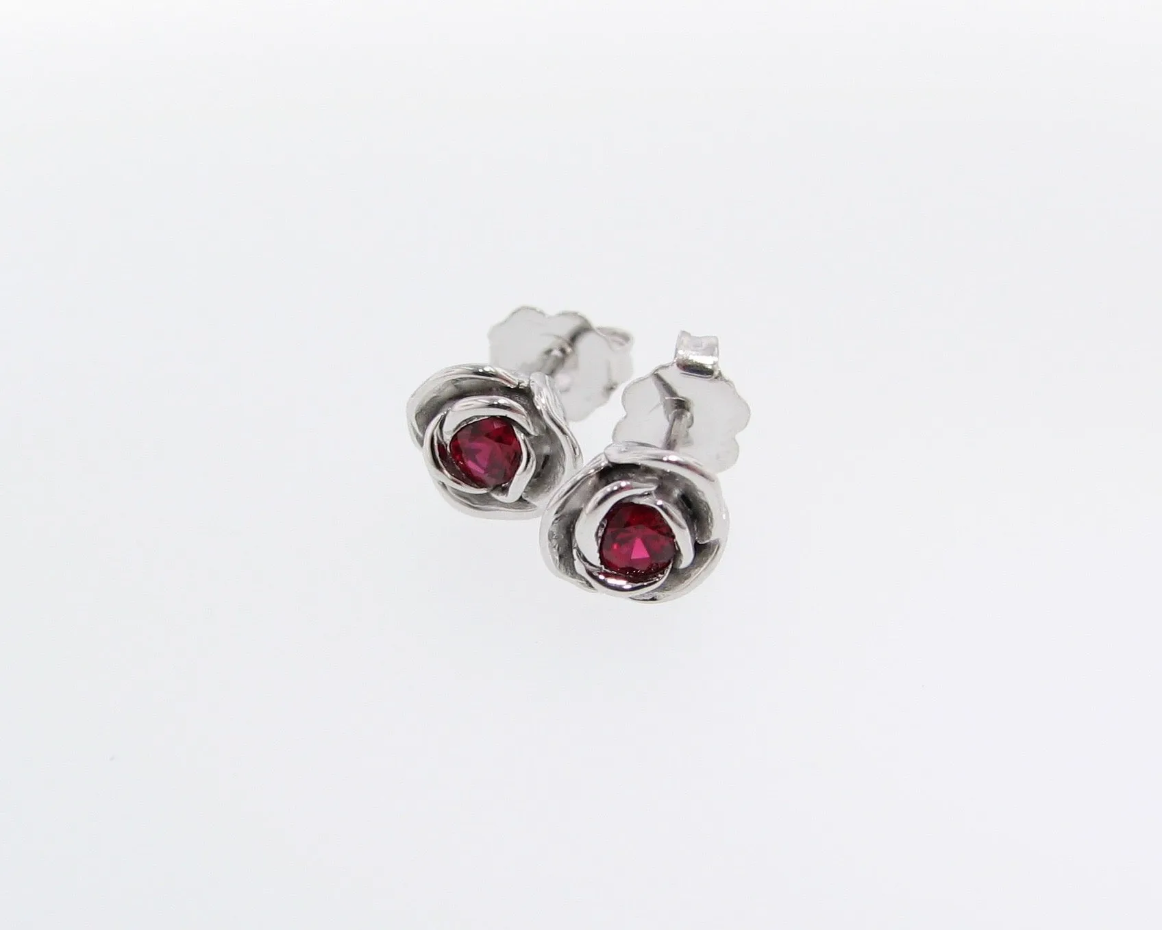 Silver & Ruby Rose Earrings, Petite