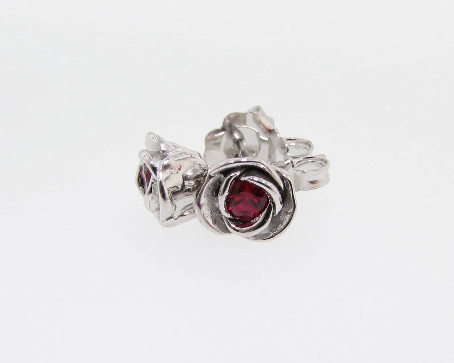 Silver & Ruby Rose Earrings, Petite