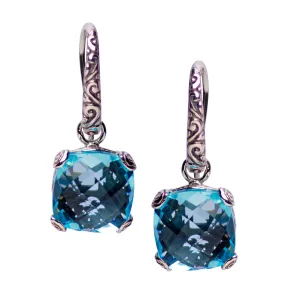 Square Blue Topaz Quartz Silver Earrings