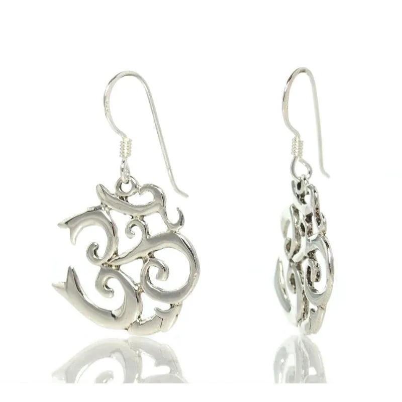 Sterling Silver Fancy Script Om Earrings