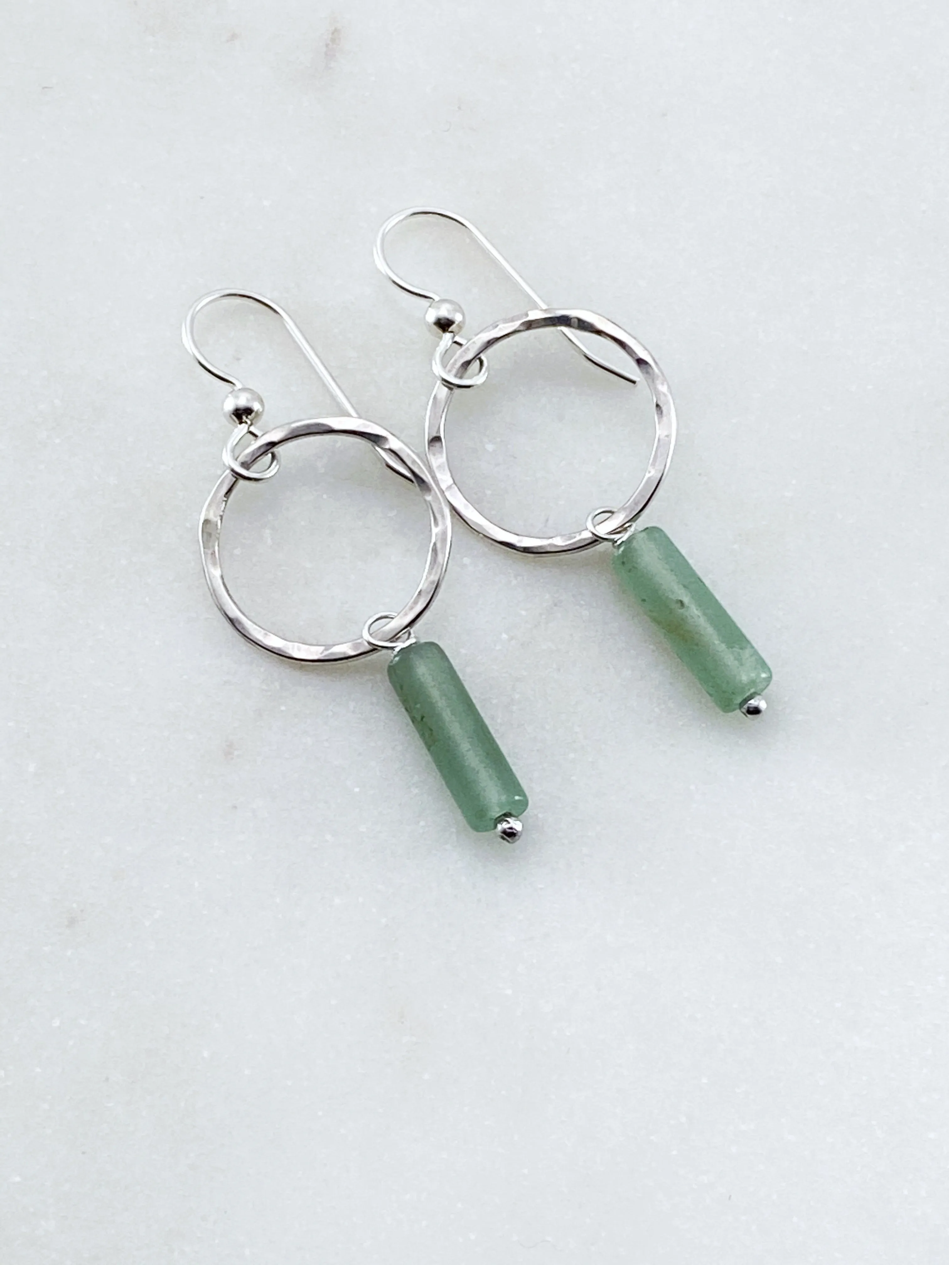 Sterling silver forged hoop earrings with aventurine