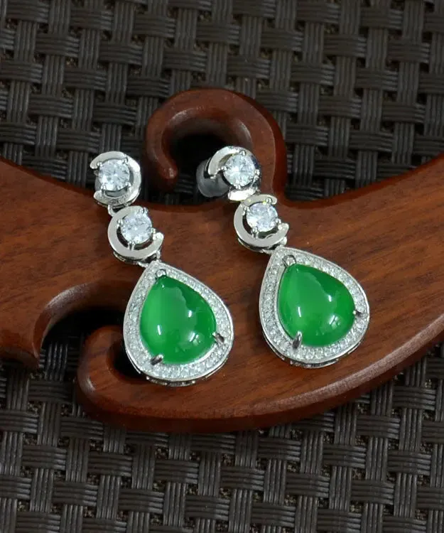 Sterling Silver Inlaid Zircon Chalcedony Water Drop Drop Earrings