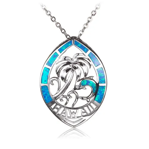 Sterling Silver Palm Tree Dolphin in Leaf Shape Opal Pendant(Chain Sold Separately)