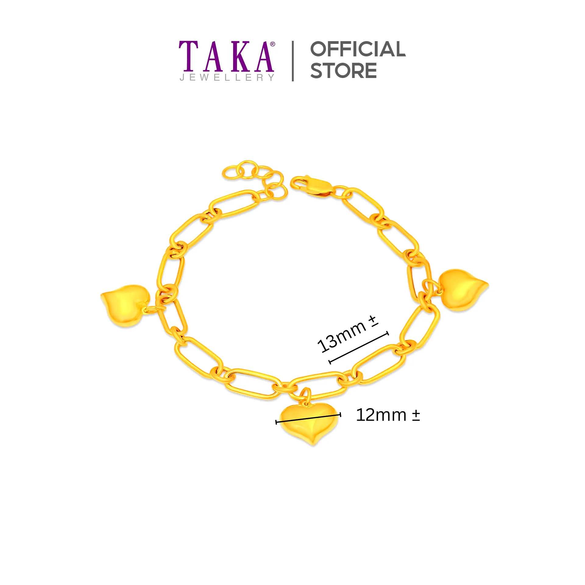 TAKA Jewellery 916 Gold Bracelet with Dangling Hearts