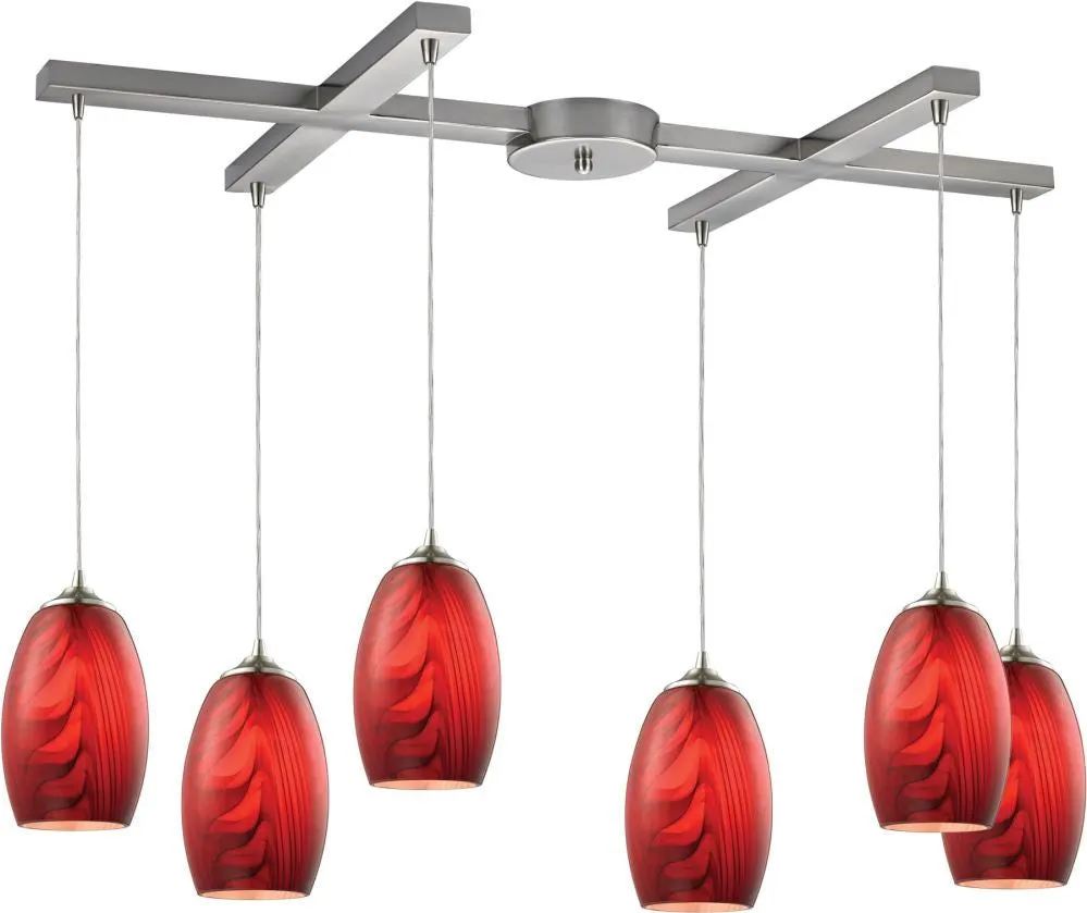 Tidewaters 6 Light Pendant In Satin Nickel and Ruby Glass