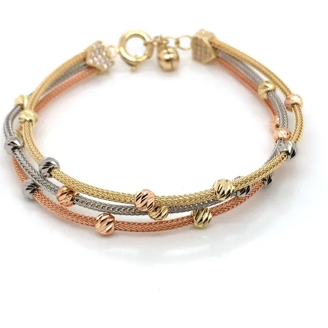 Tri-Tone Triple Strand Station Beaded Bracelet