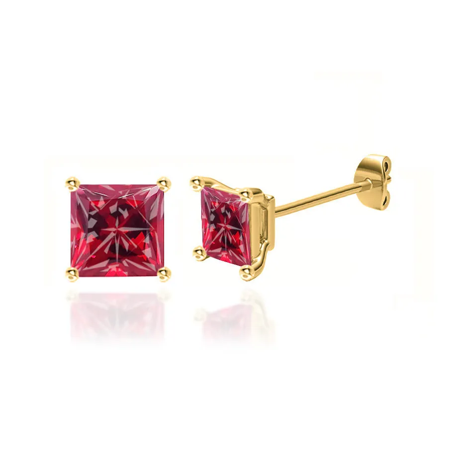 TRINITY - Princess Ruby 18k Yellow Gold Stud Earrings