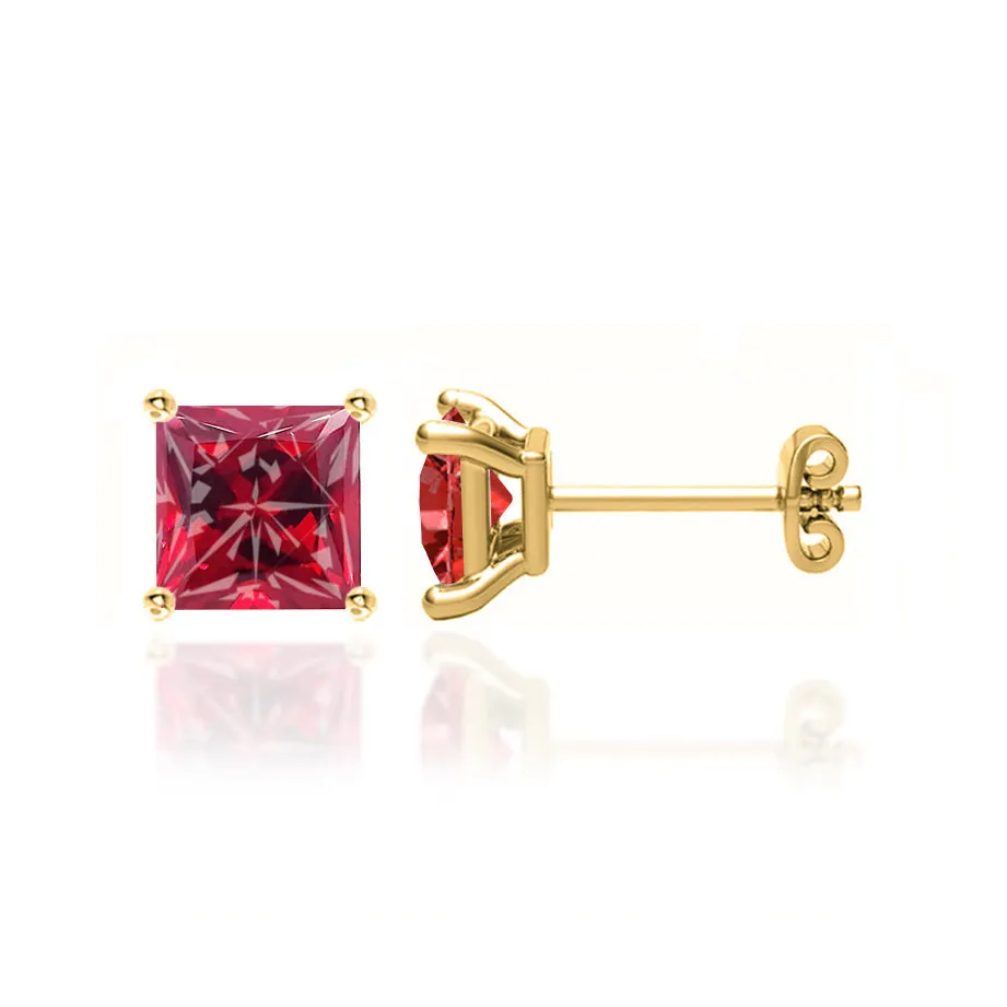 TRINITY - Princess Ruby 18k Yellow Gold Stud Earrings