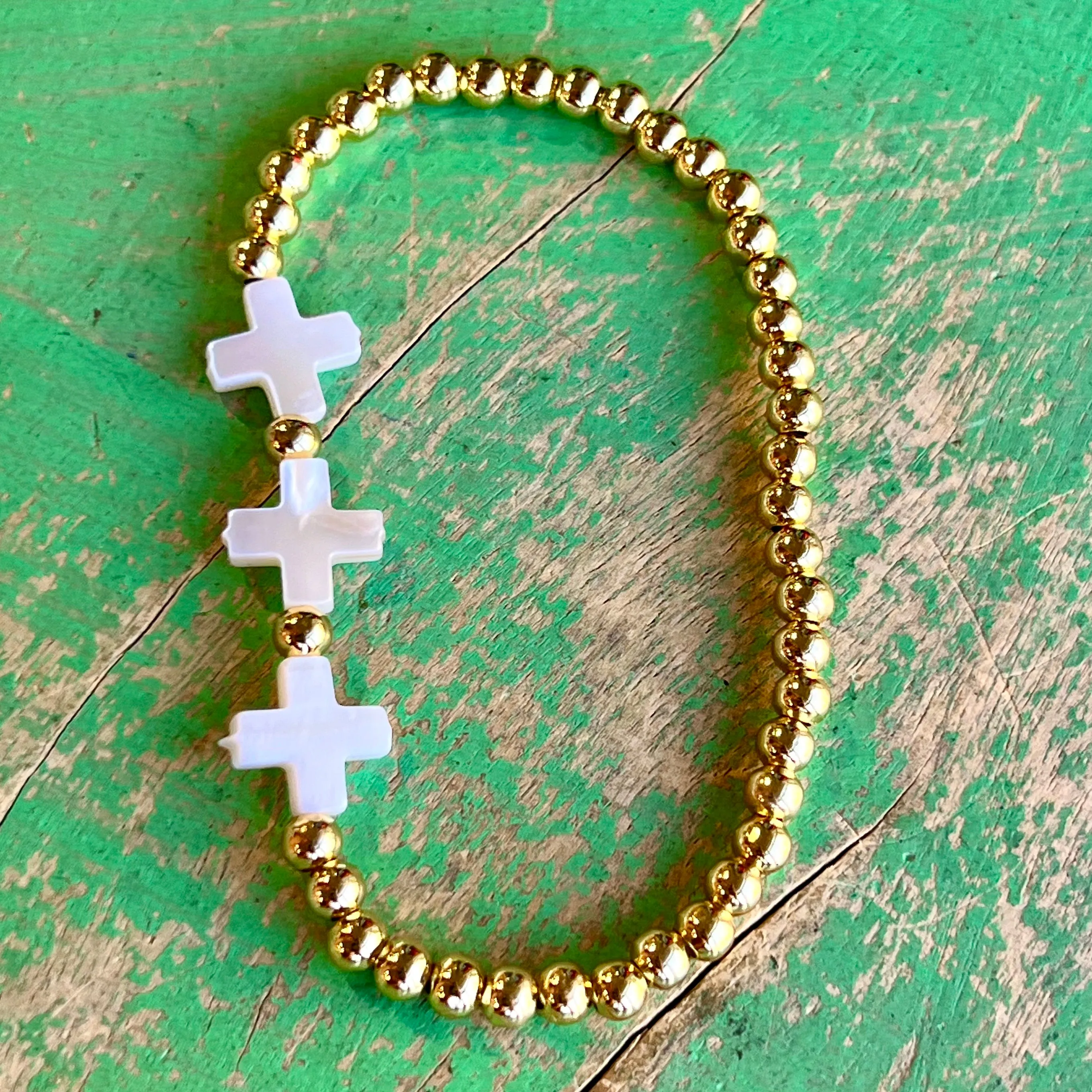 Trinity Shell Crosses or Hearts Gold Beaded Bracelet