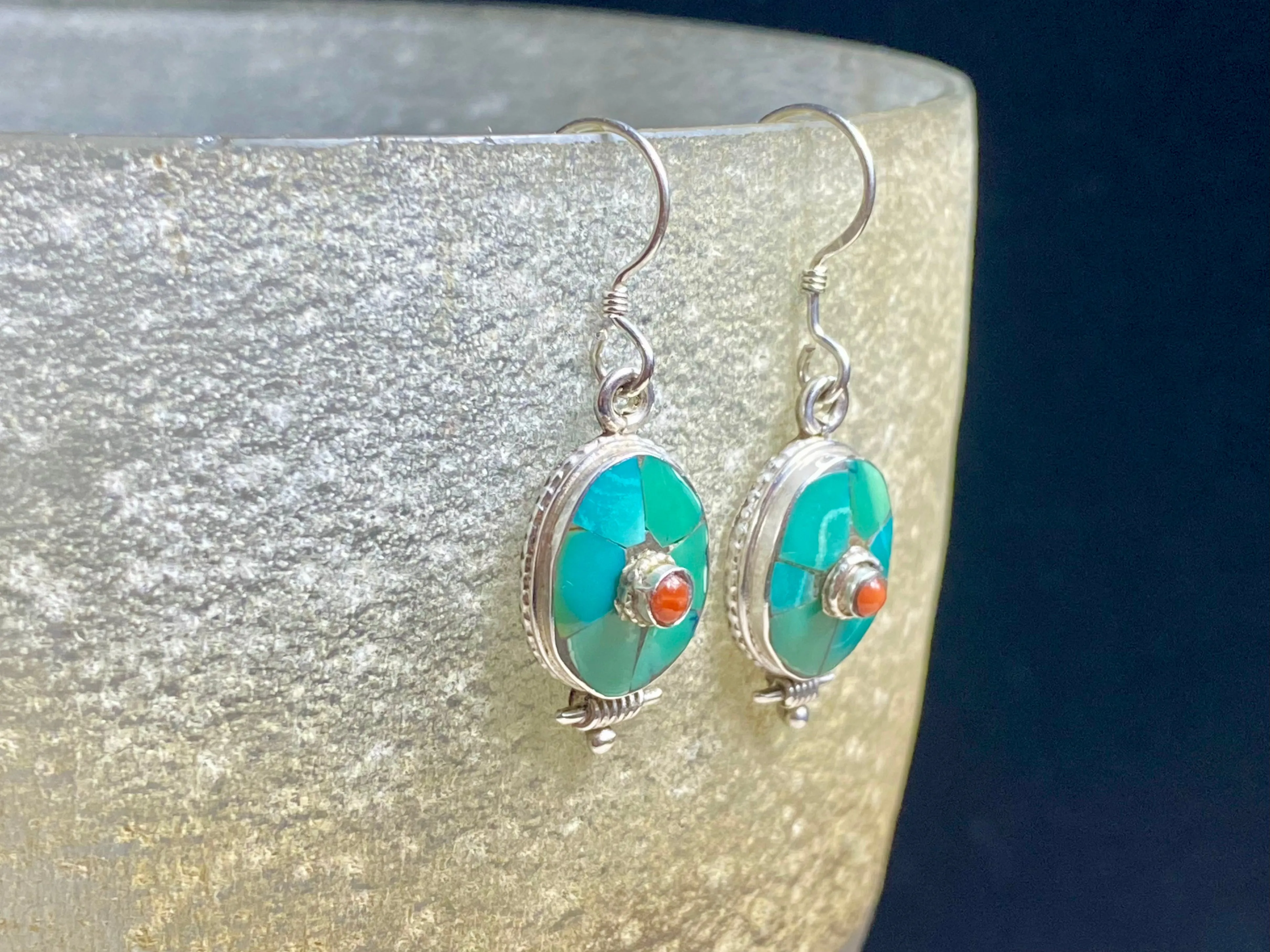 Turquoise And Silver Tibetan Earrings