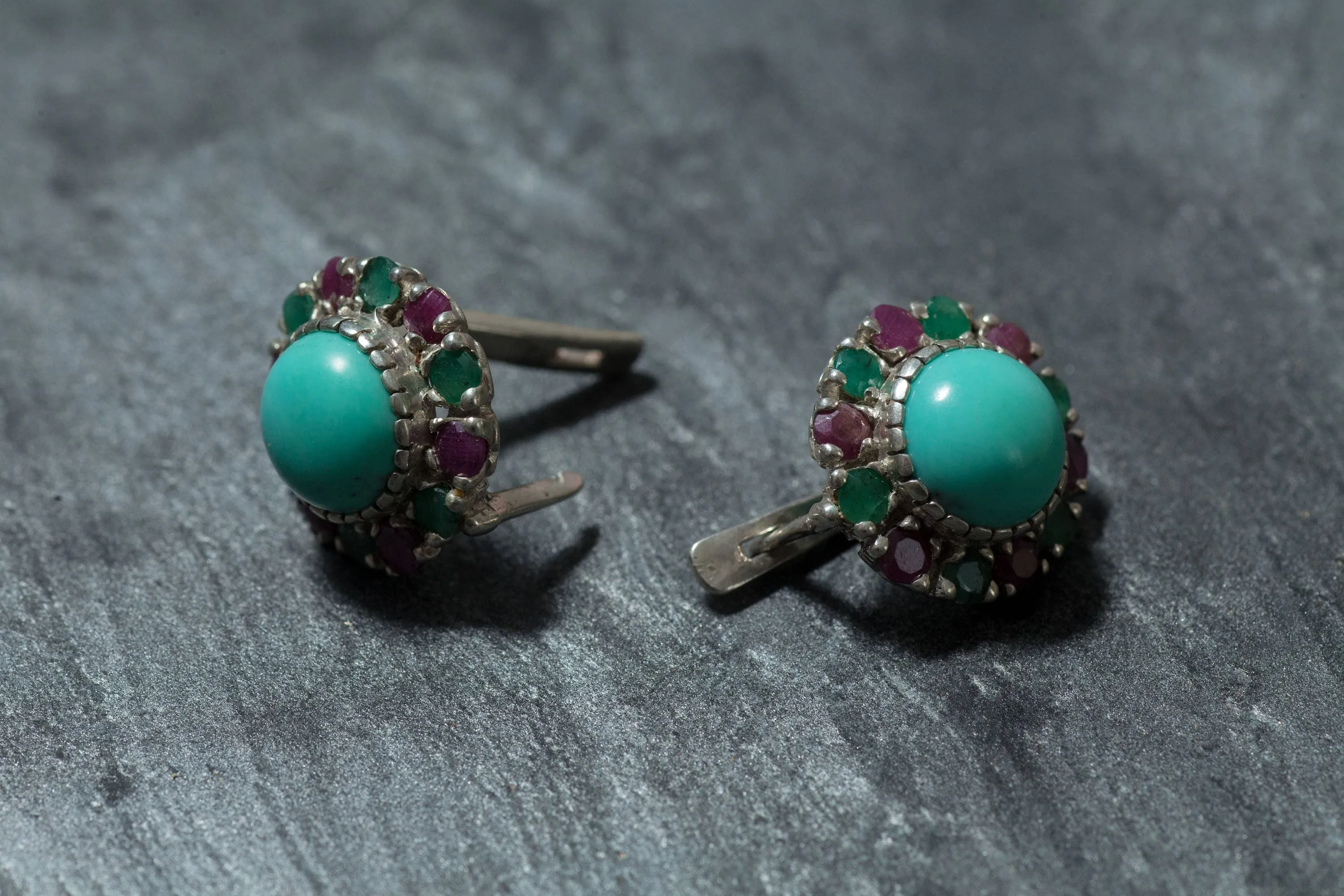 Turquoise Victorian Earrings - Colorful Flower Studs - Genuine Turquoise Earrings