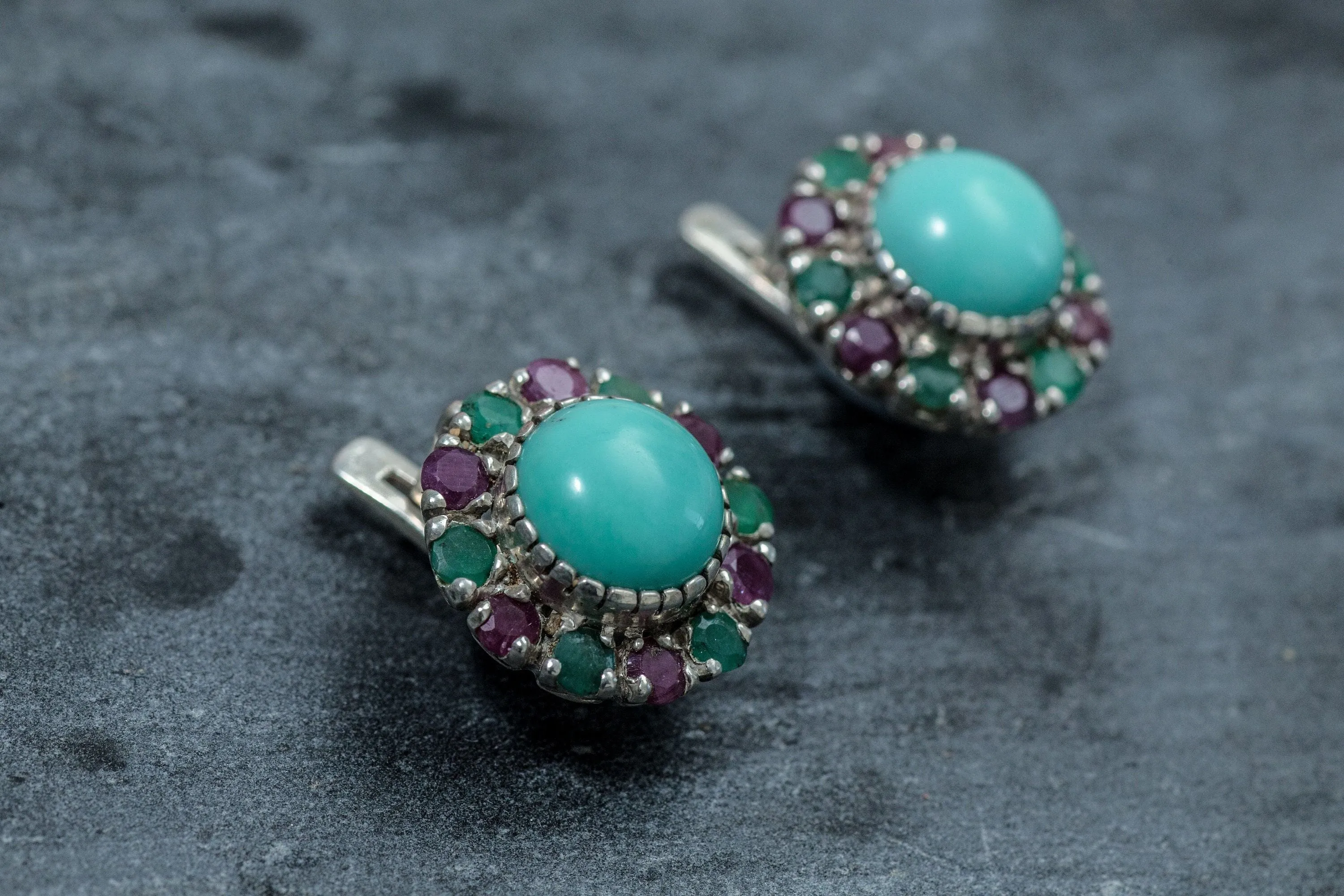 Turquoise Victorian Earrings - Colorful Flower Studs - Genuine Turquoise Earrings