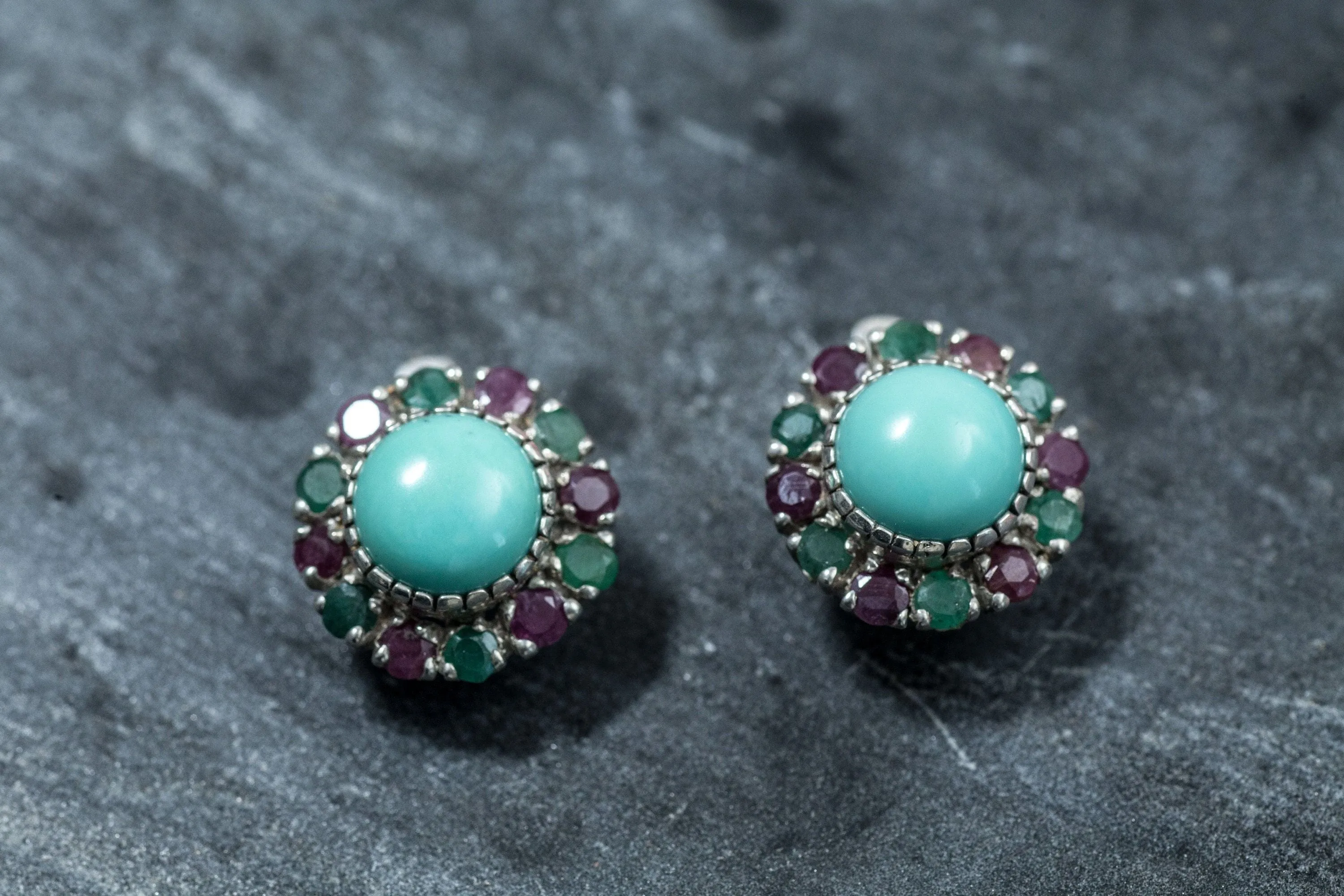 Turquoise Victorian Earrings - Colorful Flower Studs - Genuine Turquoise Earrings