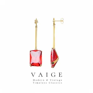 VAIGE Elegant Long Drop Gold Earrings with Large Red Stone and Star Design in Sterling Silver 925