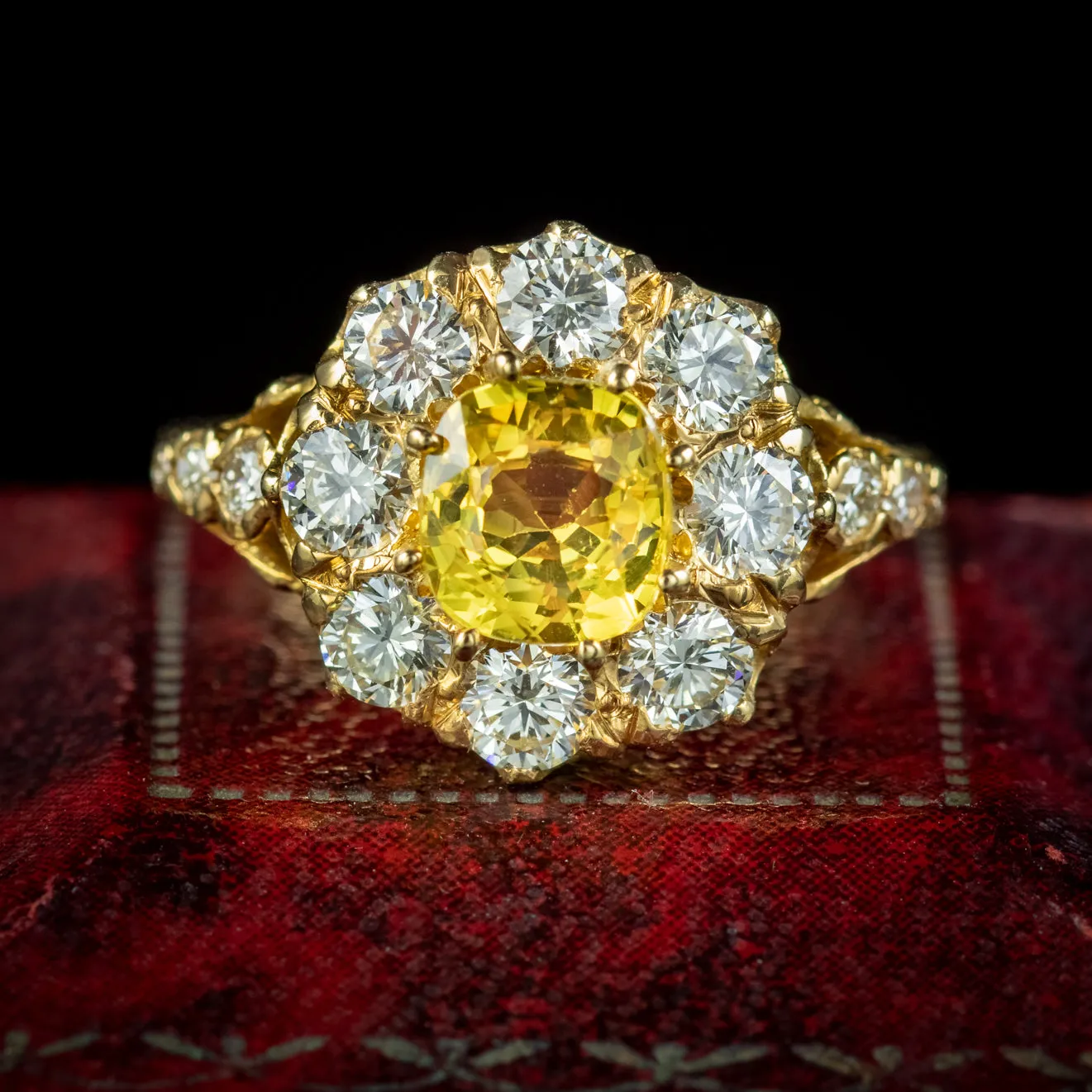 Victorian Style Yellow Sapphire Diamond Cluster Ring 1.50ct Sapphire