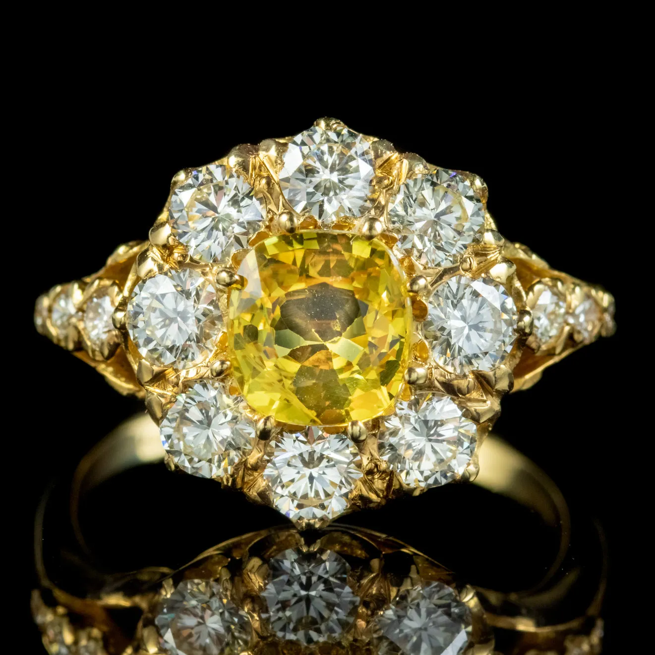 Victorian Style Yellow Sapphire Diamond Cluster Ring 1.50ct Sapphire