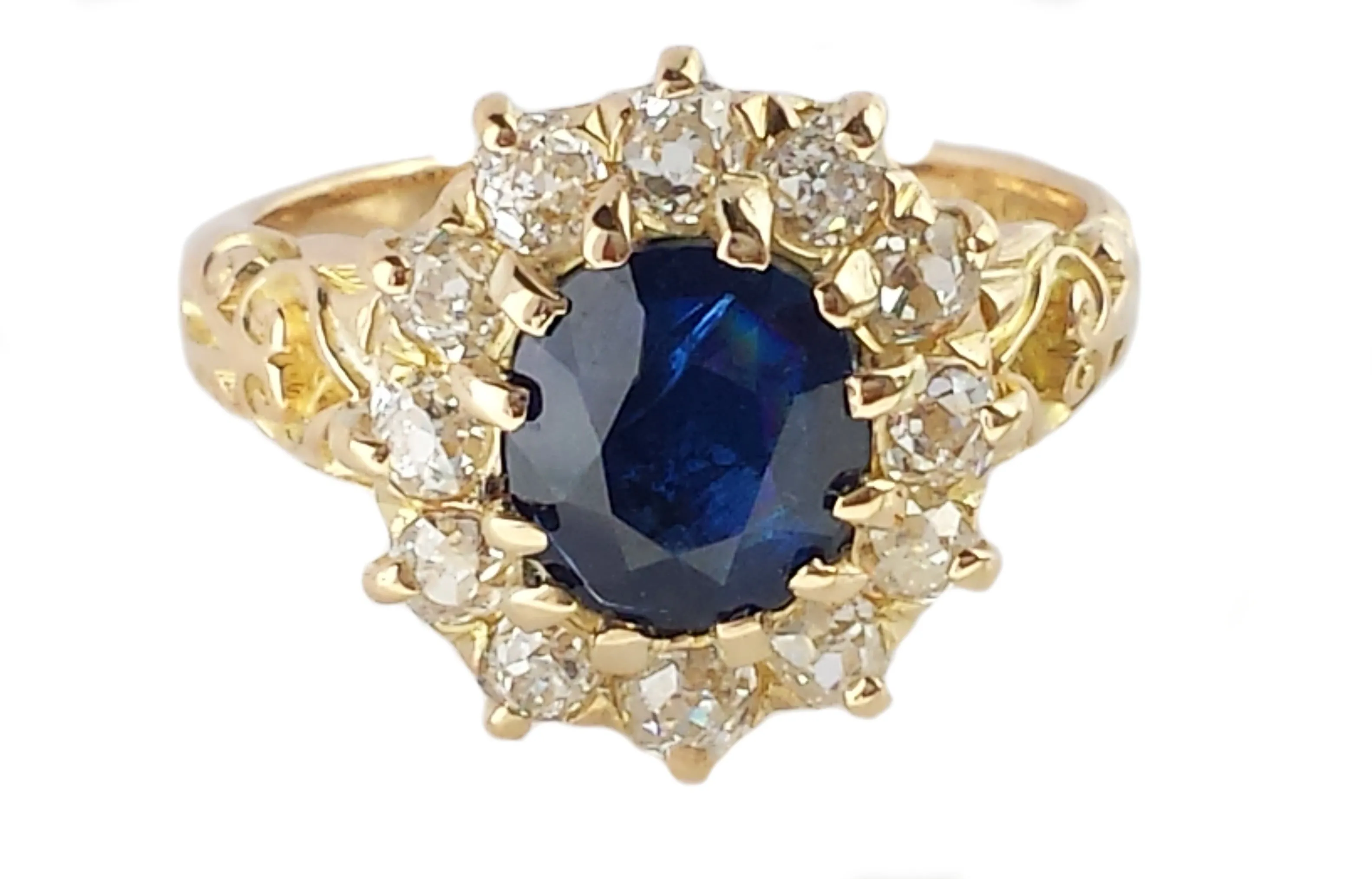 Victorian Unheated Oval Sapphire & Old Mine Cut Diamond Engagement Ring