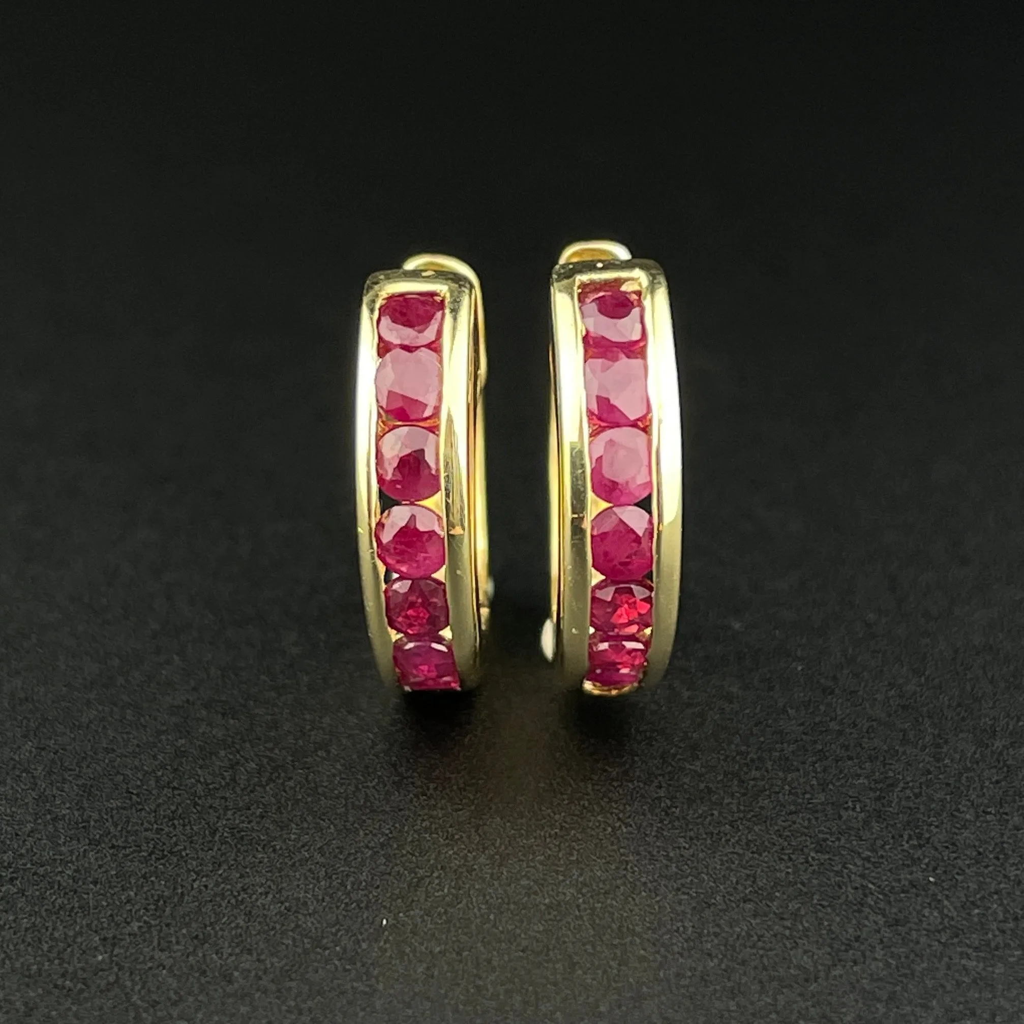 Vintage 10K Gold Ruby Huggie Hoop Stud Earrings