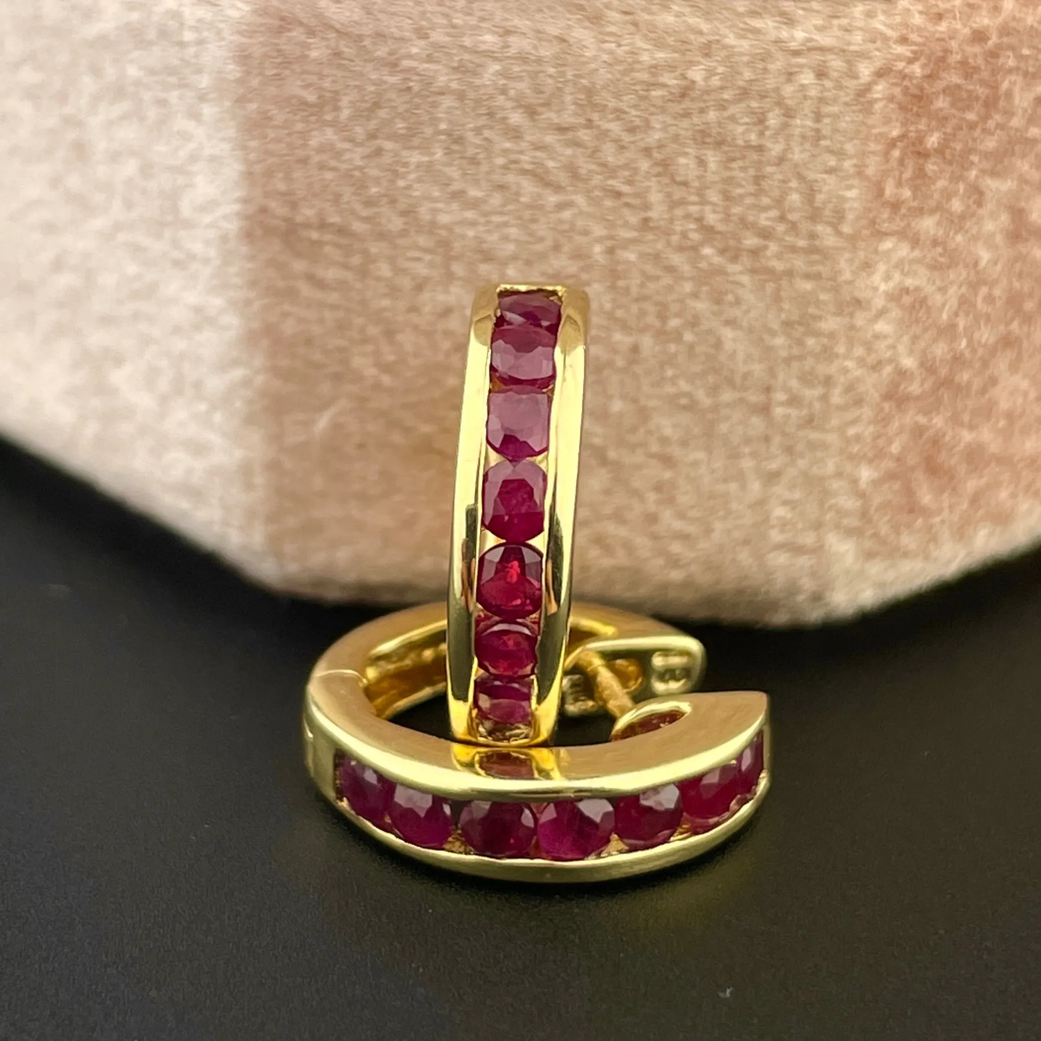 Vintage 10K Gold Ruby Huggie Hoop Stud Earrings