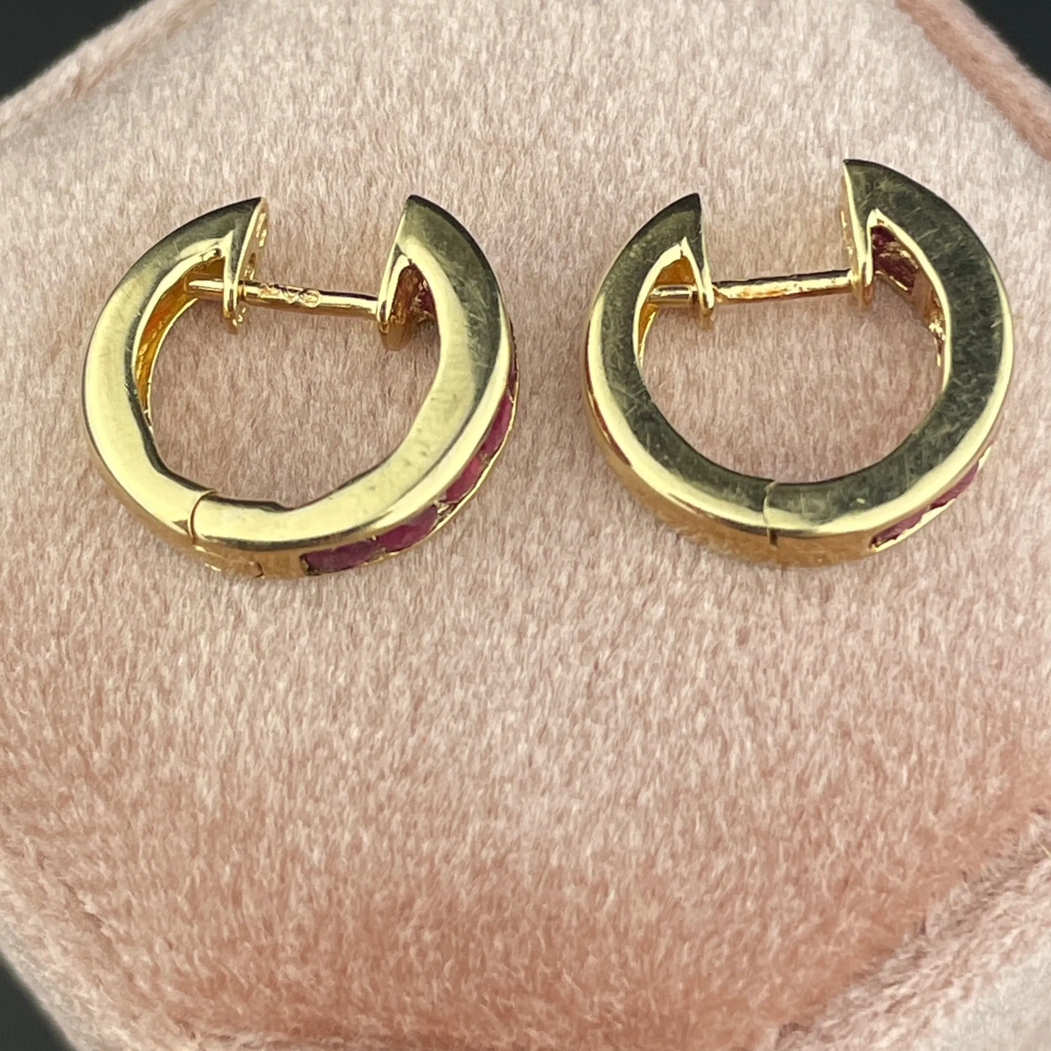 Vintage 10K Gold Ruby Huggie Hoop Stud Earrings