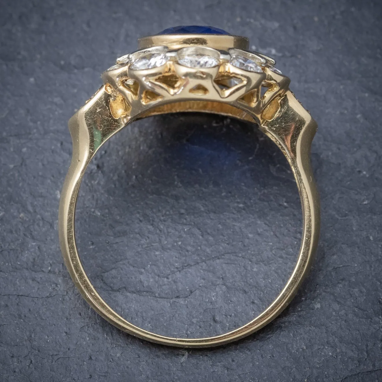 Vintage French Sapphire Diamond Cluster Ring 18Ct Gold 3.80Ct Sapphire