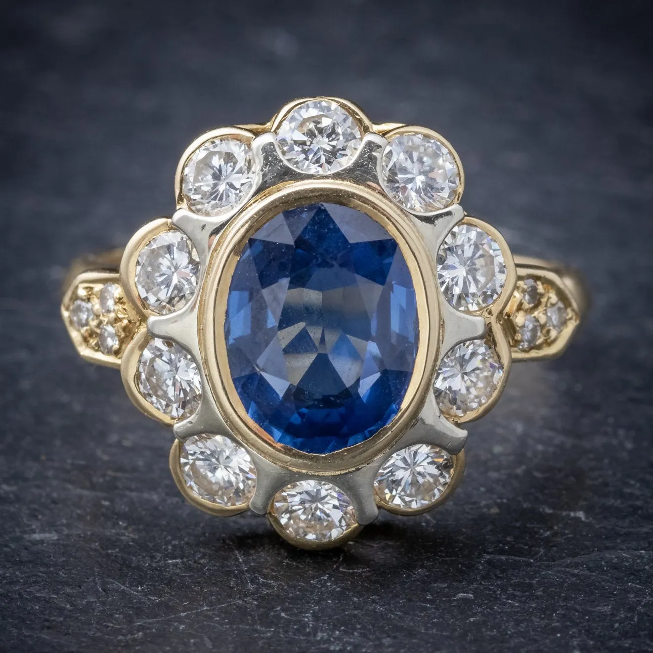 Vintage French Sapphire Diamond Cluster Ring 18Ct Gold 3.80Ct Sapphire