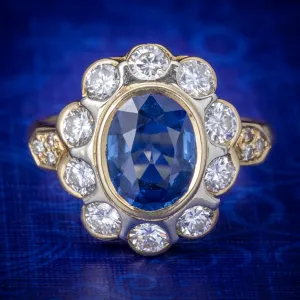 Vintage French Sapphire Diamond Cluster Ring 18Ct Gold 3.80Ct Sapphire