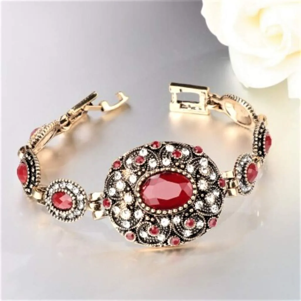 Vintage Gold Link Bracelet with Red Stones