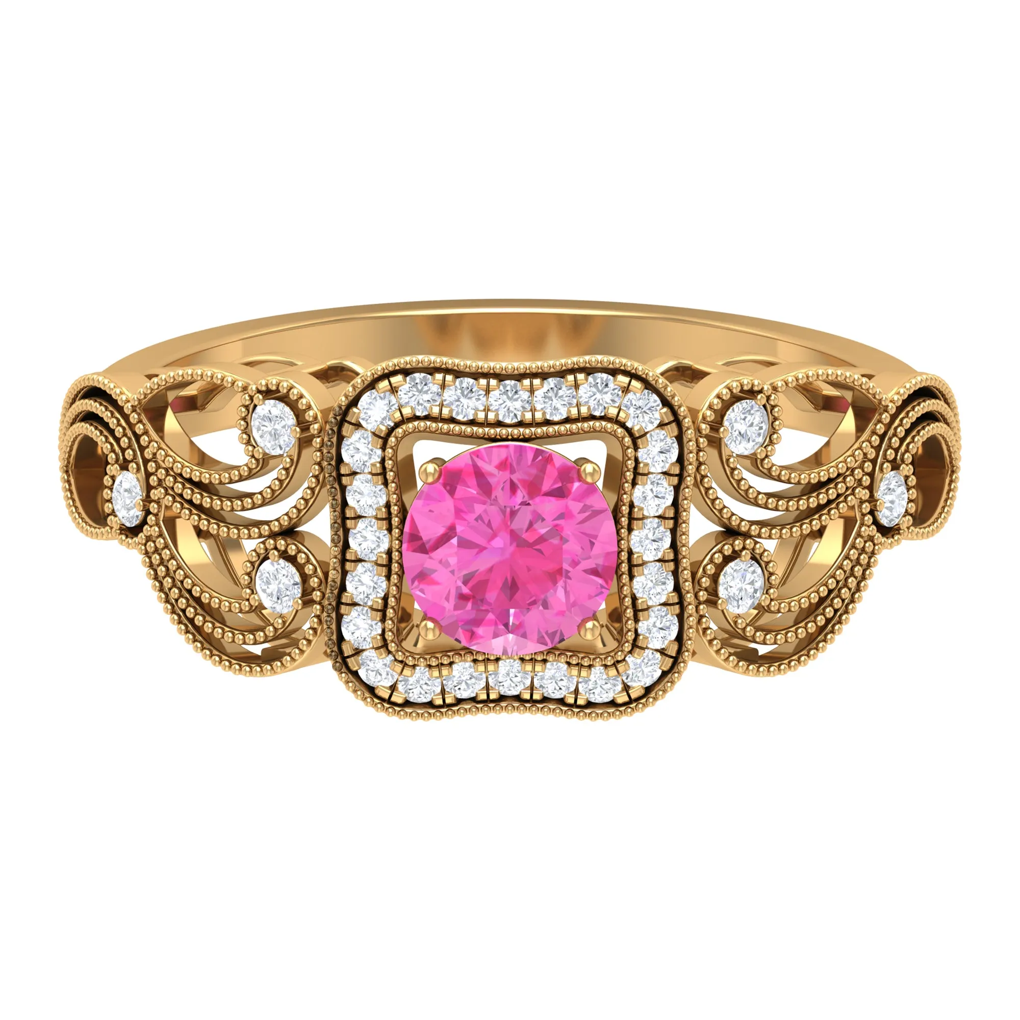 Vintage Pink Sapphire and Diamond Engagement Ring with Milgrain Details