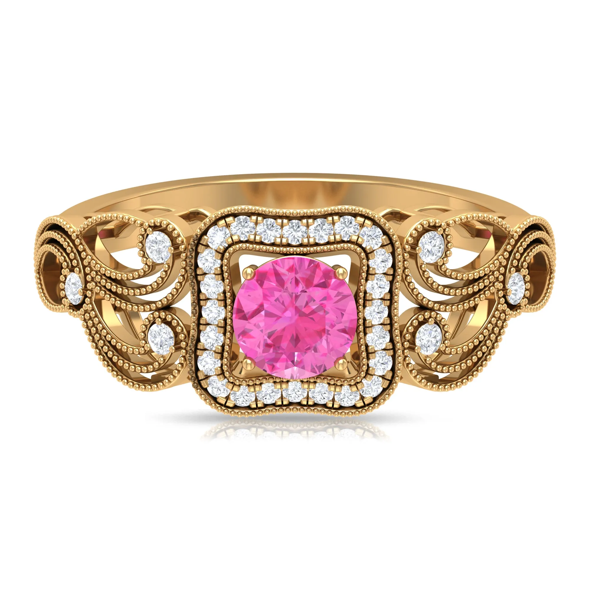 Vintage Pink Sapphire and Diamond Engagement Ring with Milgrain Details