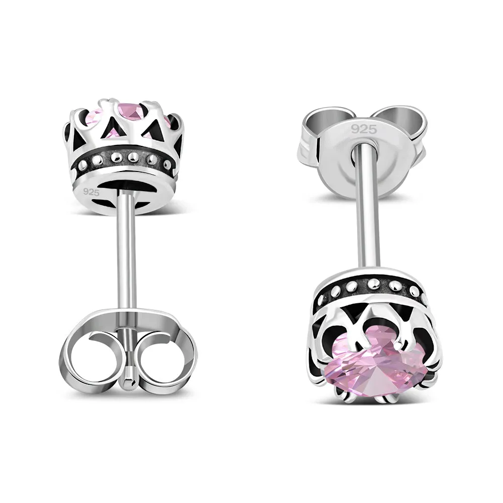 Vintage Royal Crown Ethnic Rose Pink CZ Sterling Silver Stud Earrings