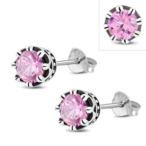 Vintage Royal Crown Ethnic Rose Pink CZ Sterling Silver Stud Earrings