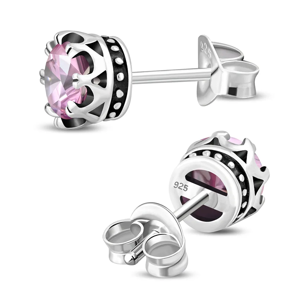 Vintage Royal Crown Ethnic Rose Pink CZ Sterling Silver Stud Earrings