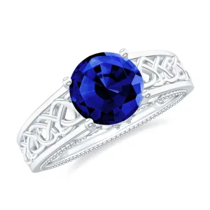 Vintage Style Lab Grown Blue Sapphire Celtic Engagement Ring with Diamond